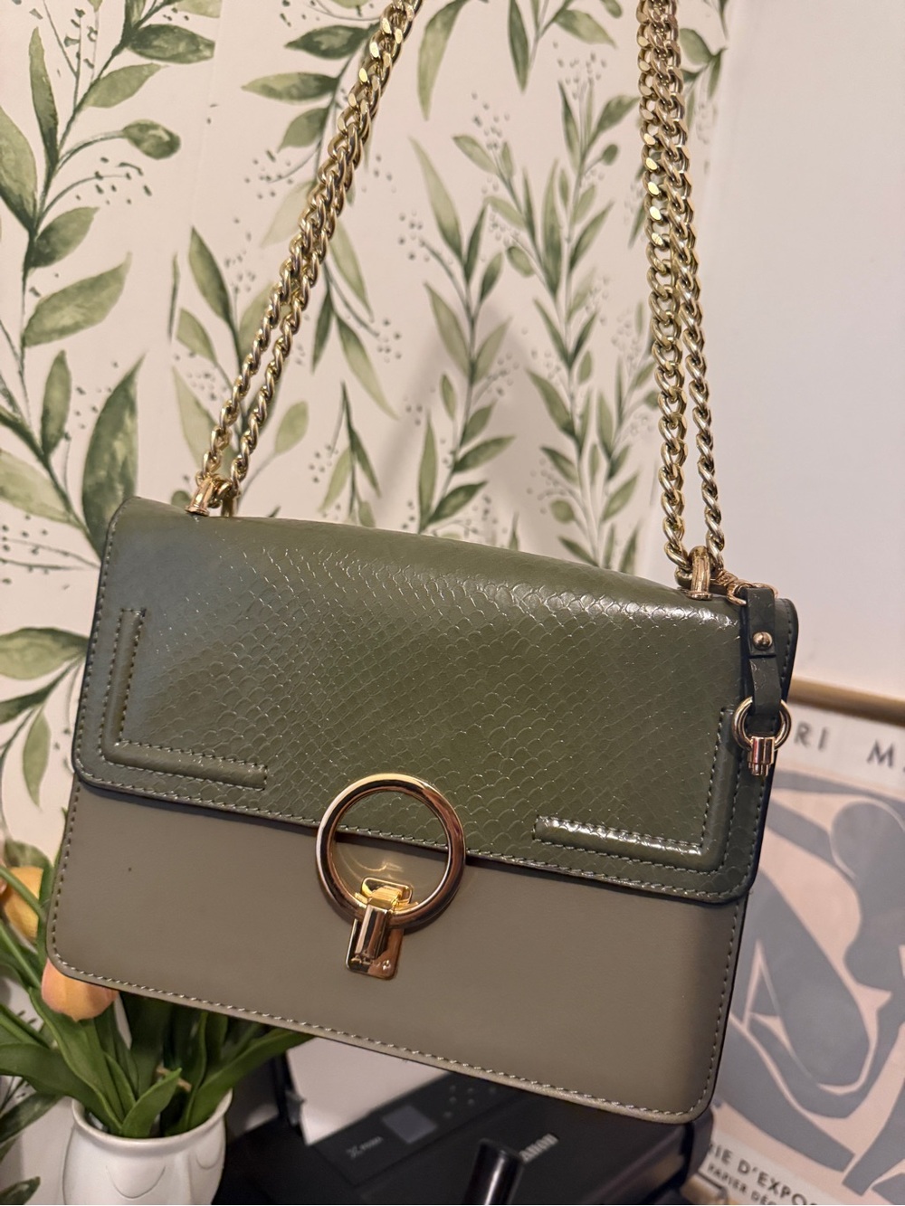 Aldo Olive Green Two-Tone Chain Crossbody Bag with Gold Ring